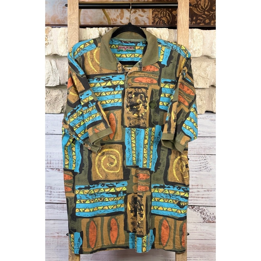 Vintage JanSport Mens XL Polo Shirt Abstract Geometric Tribal Print Green Cotton